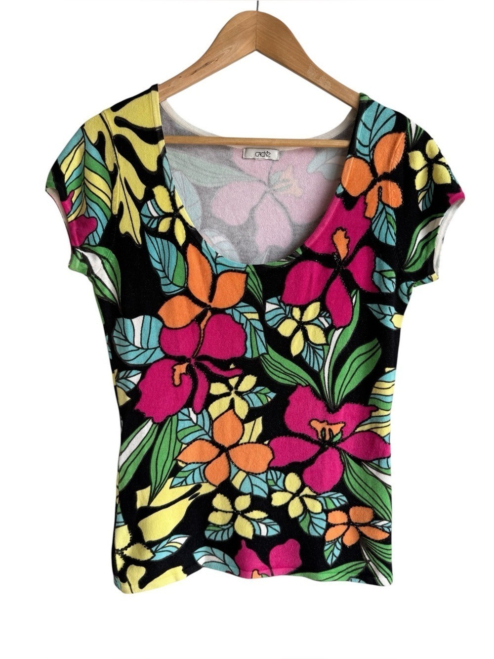 Cache Y2K Tropical Floral Top Medium Bright Stretch Knit Tee Beaded Summer Cute!